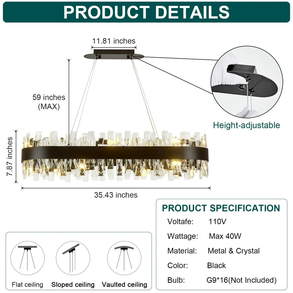 CRYSTORA oval crystal chandelier, product view 3