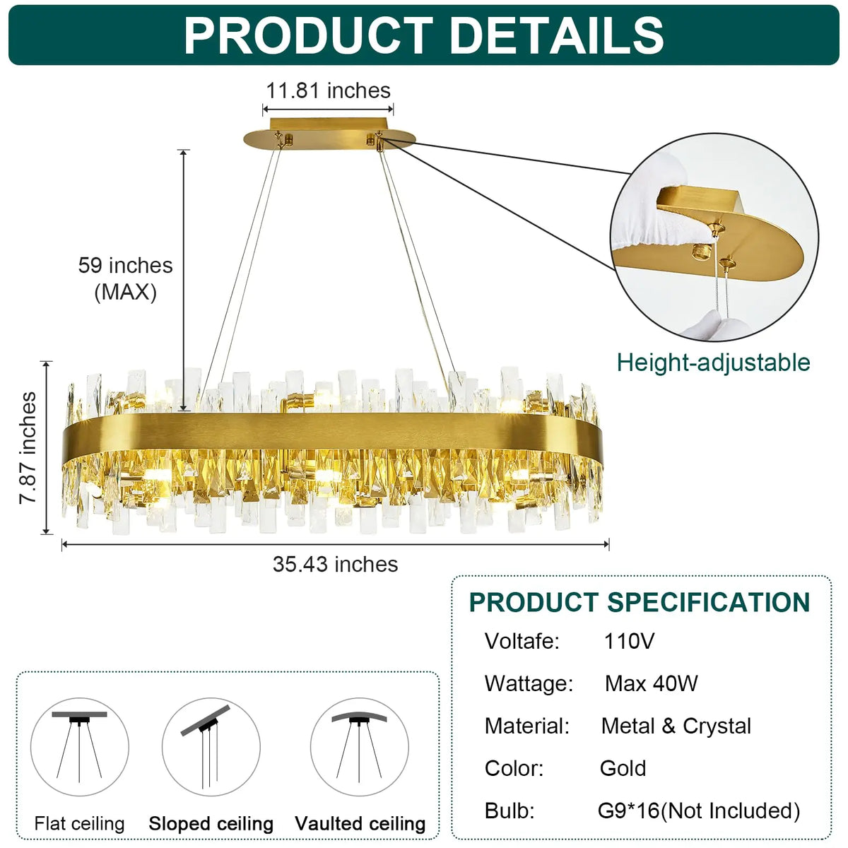 CRYSTORA oval crystal chandelier, product view 7