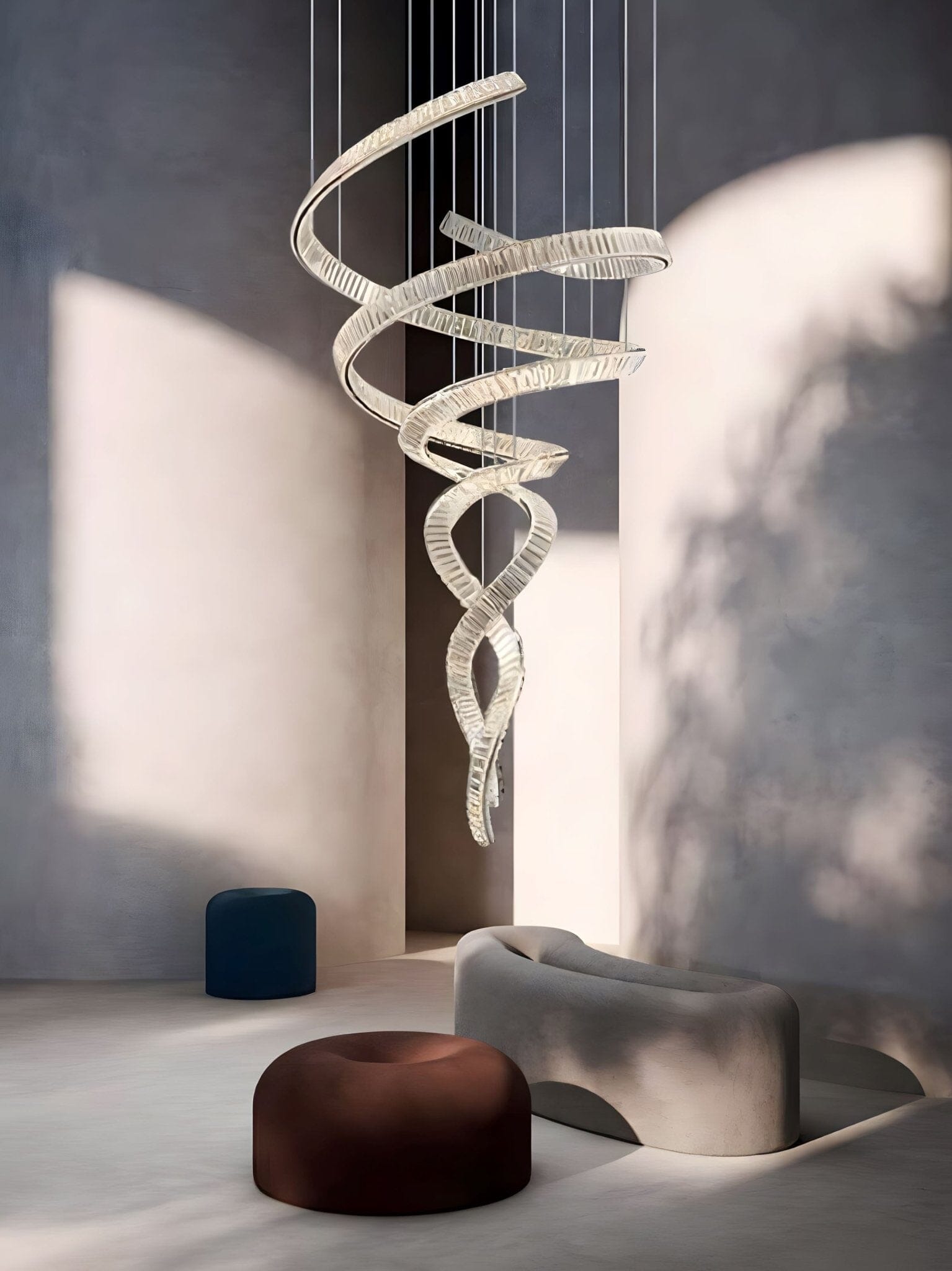 HELIX - ZENDUCE - Dia 31.5″ x H 90.1″ / Dia 80cm x H 230cm / Stainless steel & Clear crystal / Warm Light
