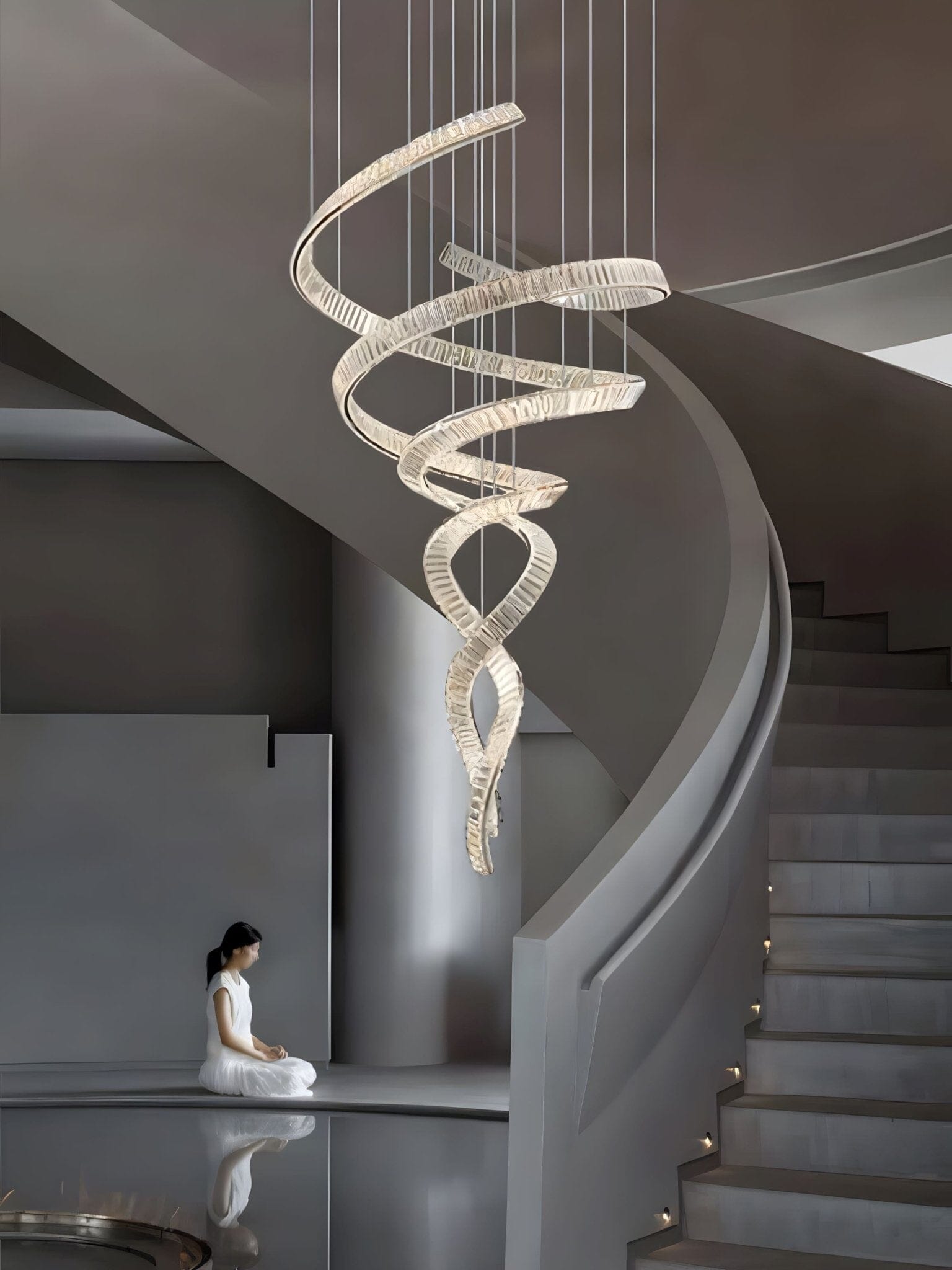 HELIX - ZENDUCE - Dia 31.5″ x H 90.1″ / Dia 80cm x H 230cm / Stainless steel & Clear crystal / Warm Light