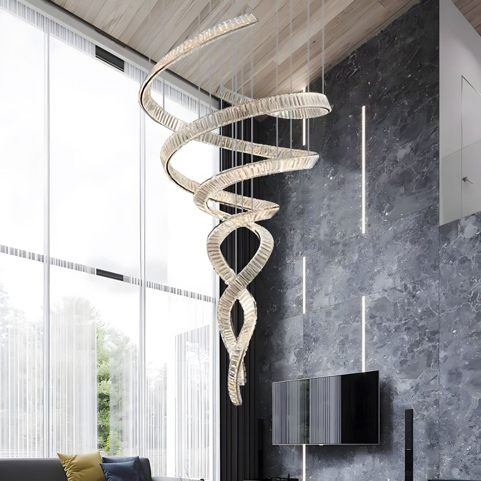 HELIX - ZENDUCE - Dia 31.5″ x H 90.1″ / Dia 80cm x H 230cm / Stainless steel & Clear crystal / Warm Light