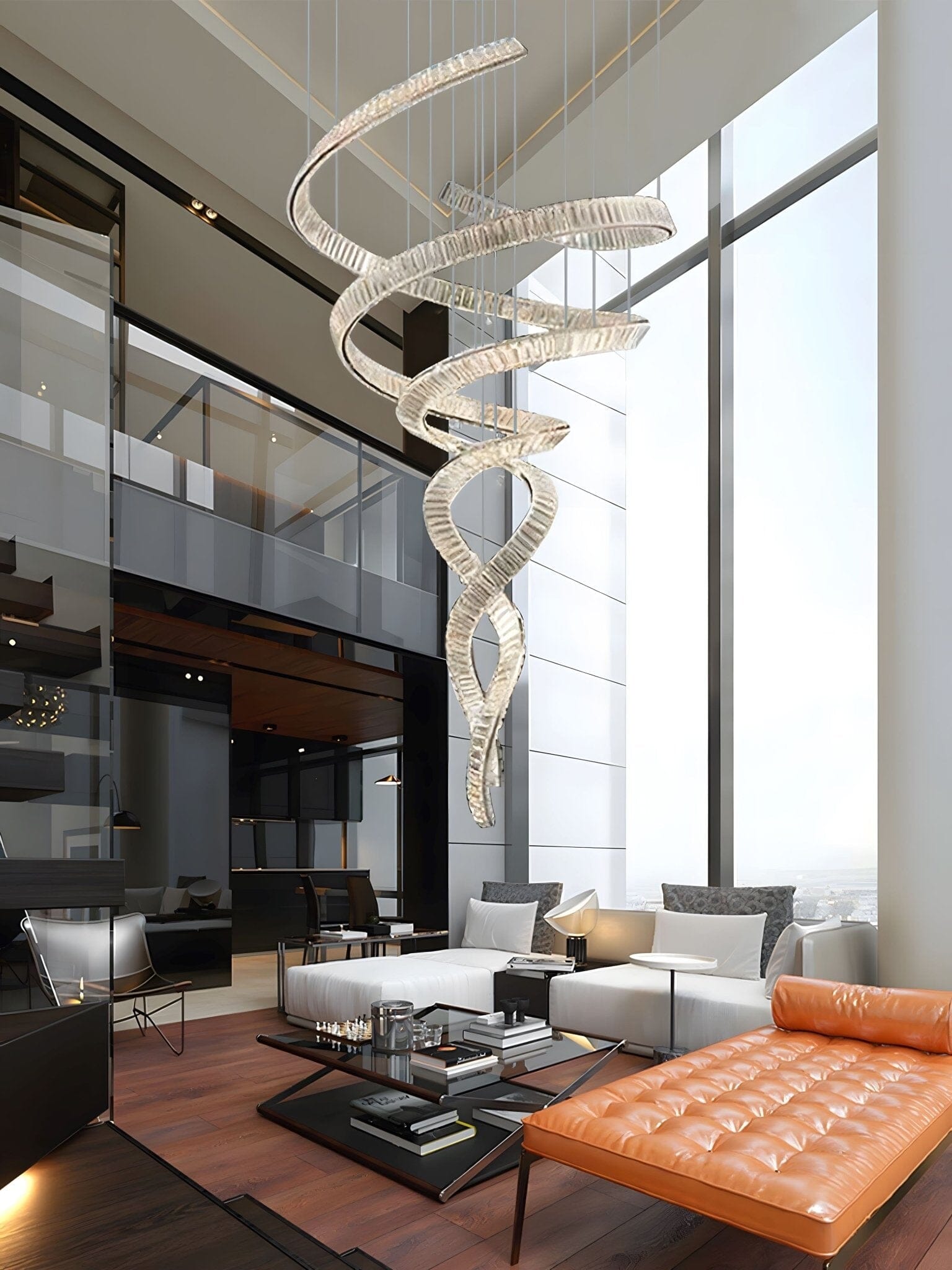 HELIX - ZENDUCE - Dia 31.5″ x H 90.1″ / Dia 80cm x H 230cm / Stainless steel & Clear crystal / Warm Light