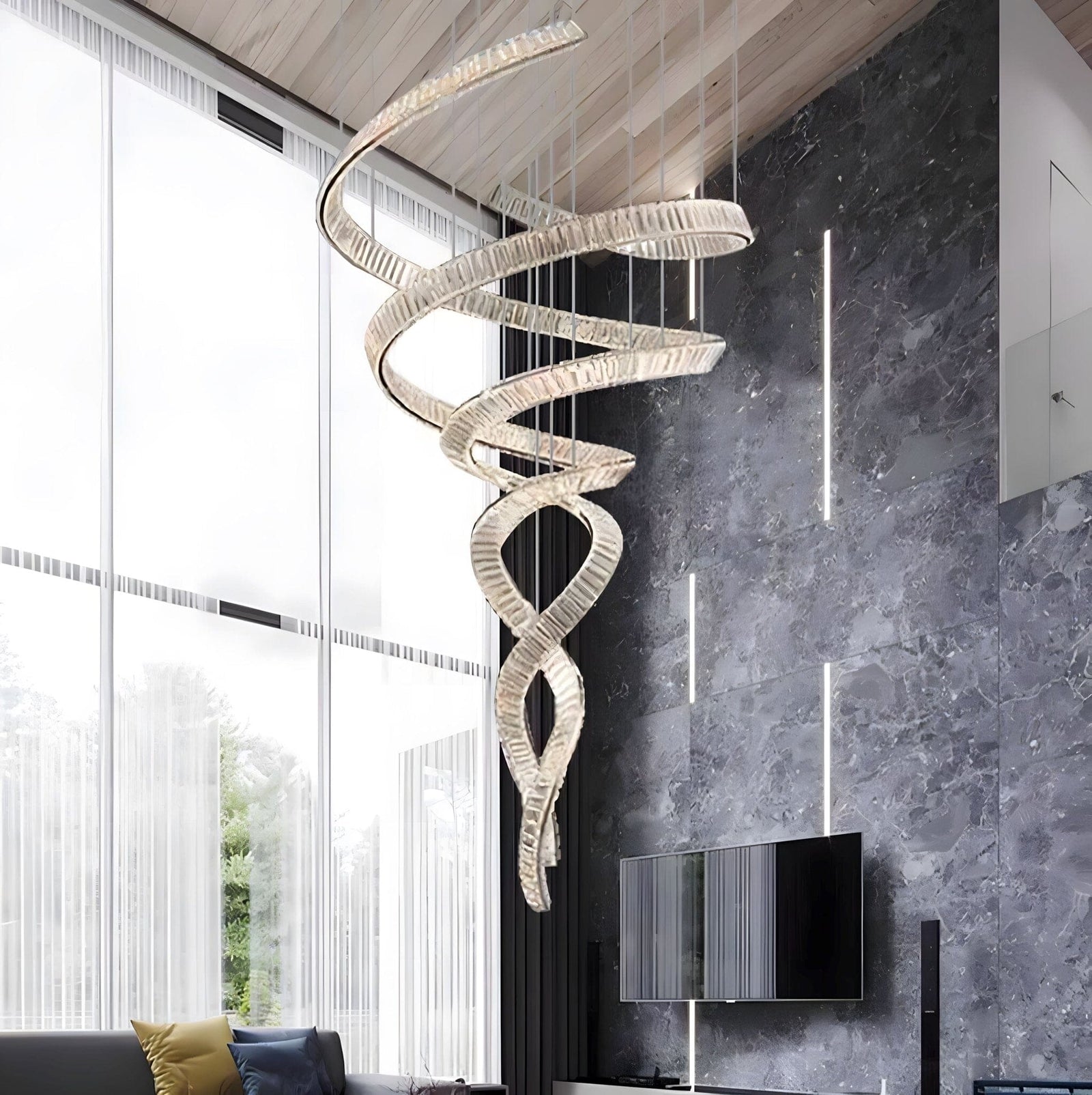 HELIX - ZENDUCE - Dia 31.5″ x H 90.1″ / Dia 80cm x H 230cm / Stainless steel & Clear crystal / Warm Light