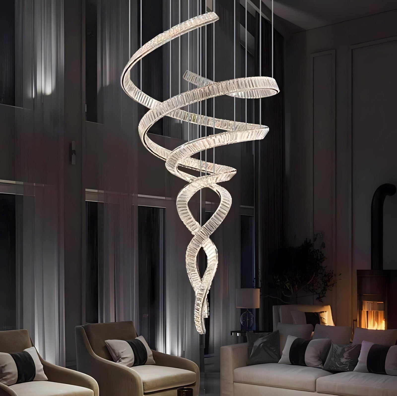 HELIX - ZENDUCE - Dia 31.5″ x H 90.1″ / Dia 80cm x H 230cm / Stainless steel & Clear crystal / Warm Light