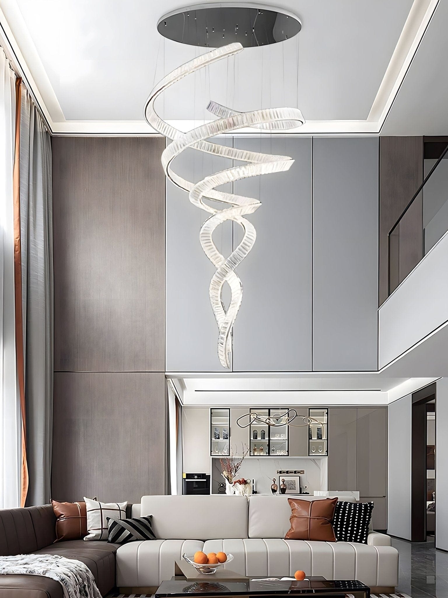 HELIX - ZENDUCE - Dia 31.5″ x H 90.1″ / Dia 80cm x H 230cm / Stainless steel & Clear crystal / Warm Light