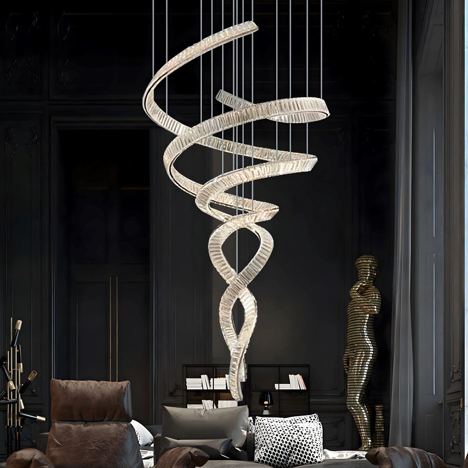 HELIX - ZENDUCE - Dia 31.5″ x H 90.1″ / Dia 80cm x H 230cm / Stainless steel & Clear crystal / Warm Light
