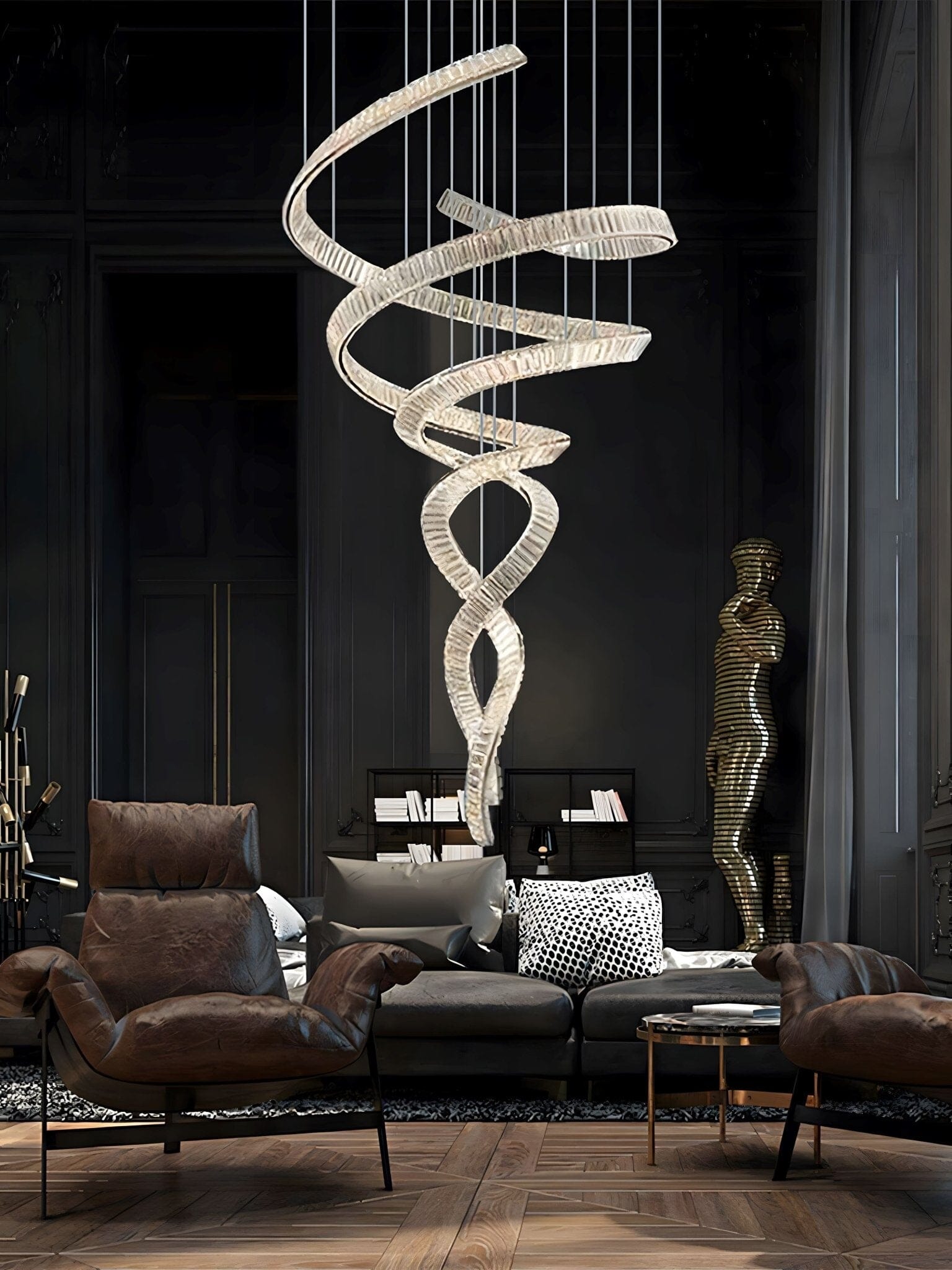HELIX - ZENDUCE - Dia 31.5″ x H 90.1″ / Dia 80cm x H 230cm / Stainless steel & Clear crystal / Warm Light