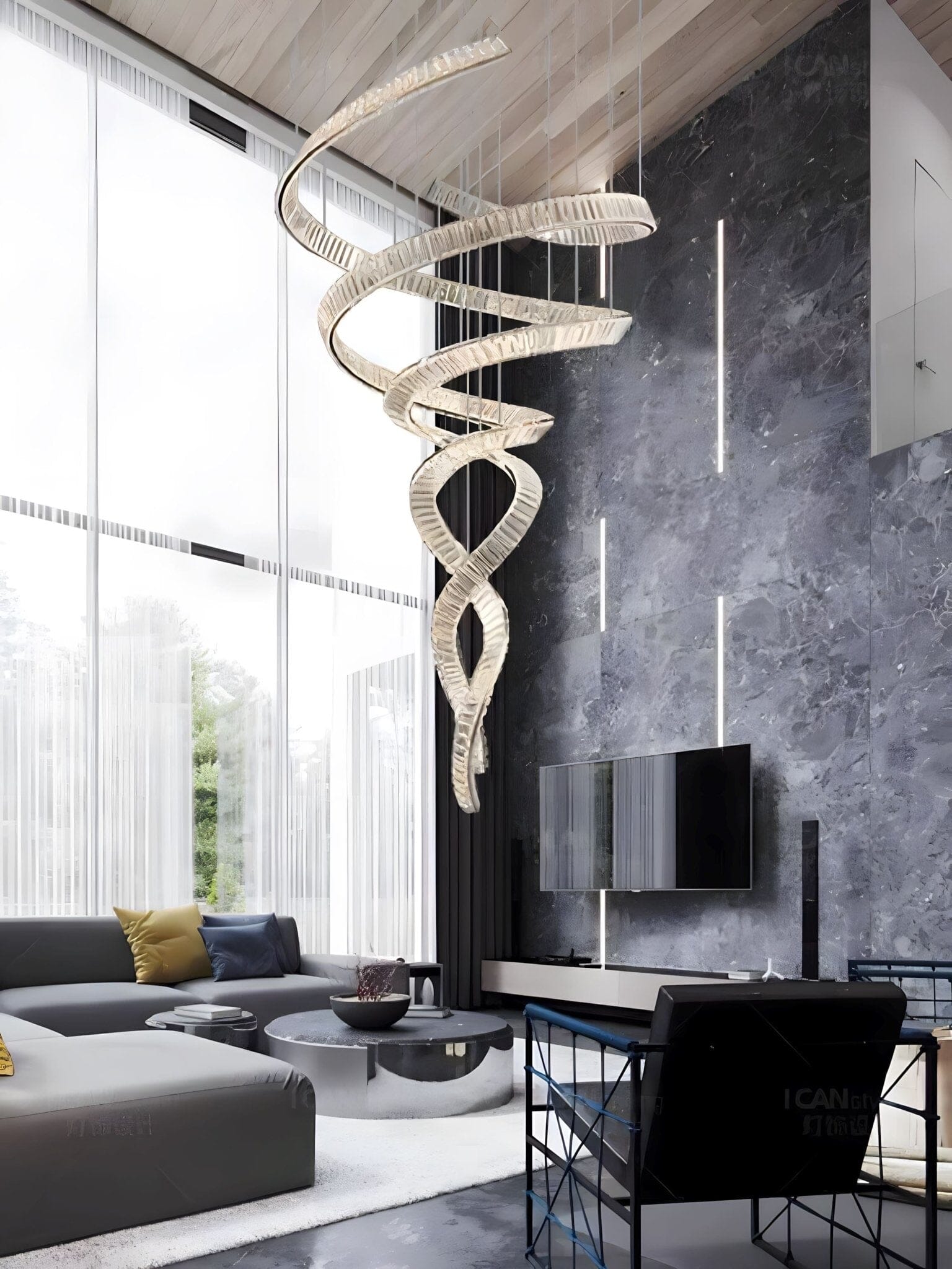 HELIX - ZENDUCE - Dia 31.5″ x H 90.1″ / Dia 80cm x H 230cm / Stainless steel & Clear crystal / Warm Light