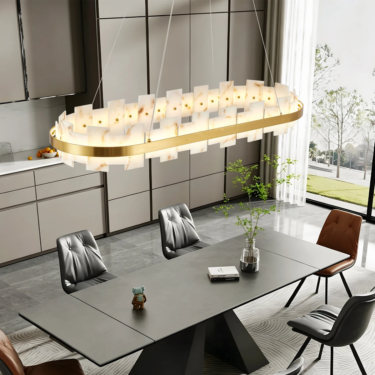 MARVESSA linear faux marble chandelier, product view 3