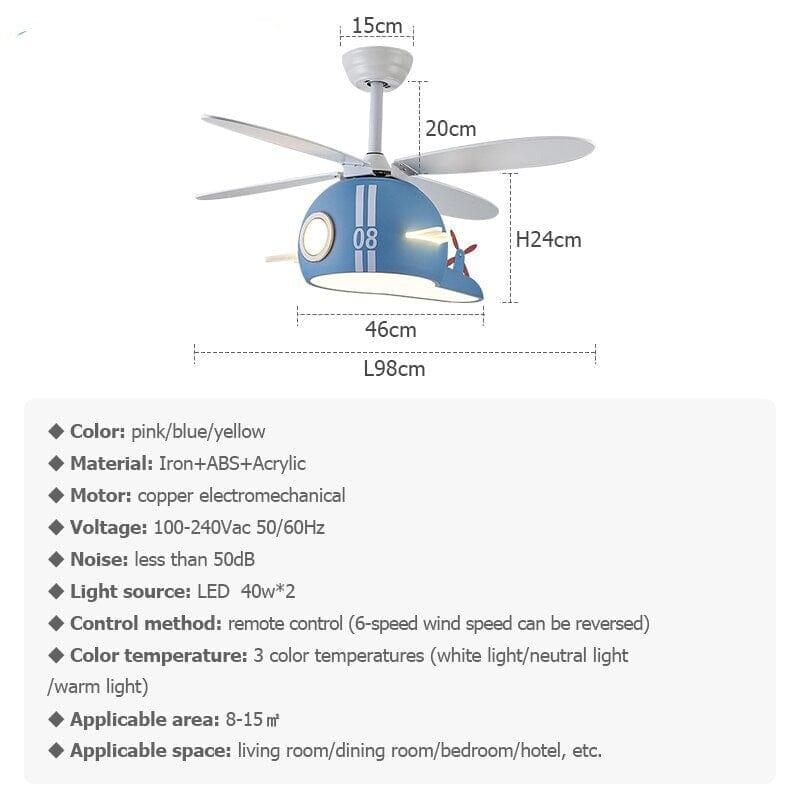 Kids Room Helicopter Ceiling Fan with Light - Art Deco Style - ZENDUCE - Blue