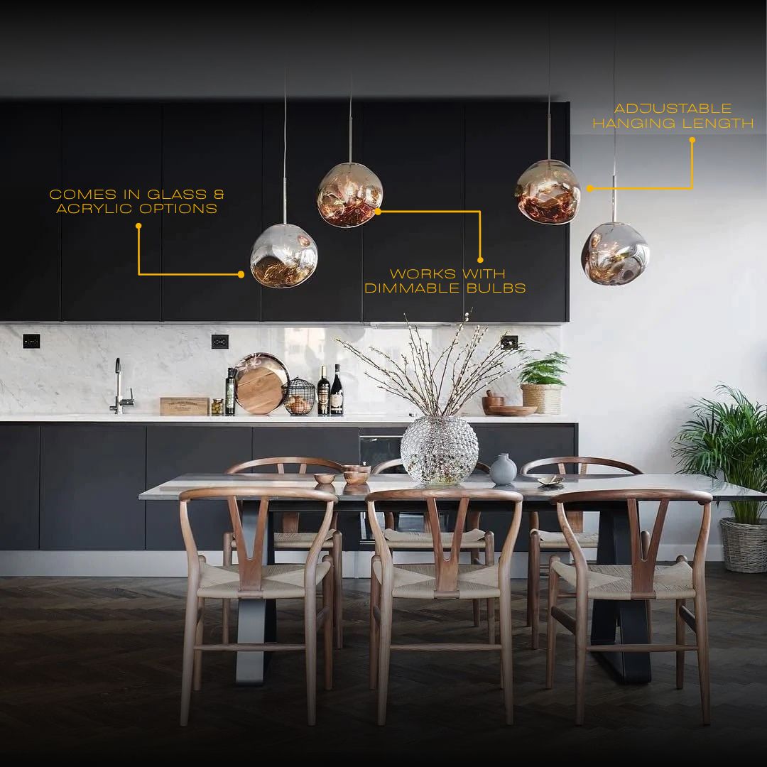 LAVA pendants above a dining table with callouts on glass or acrylic options and hanging length