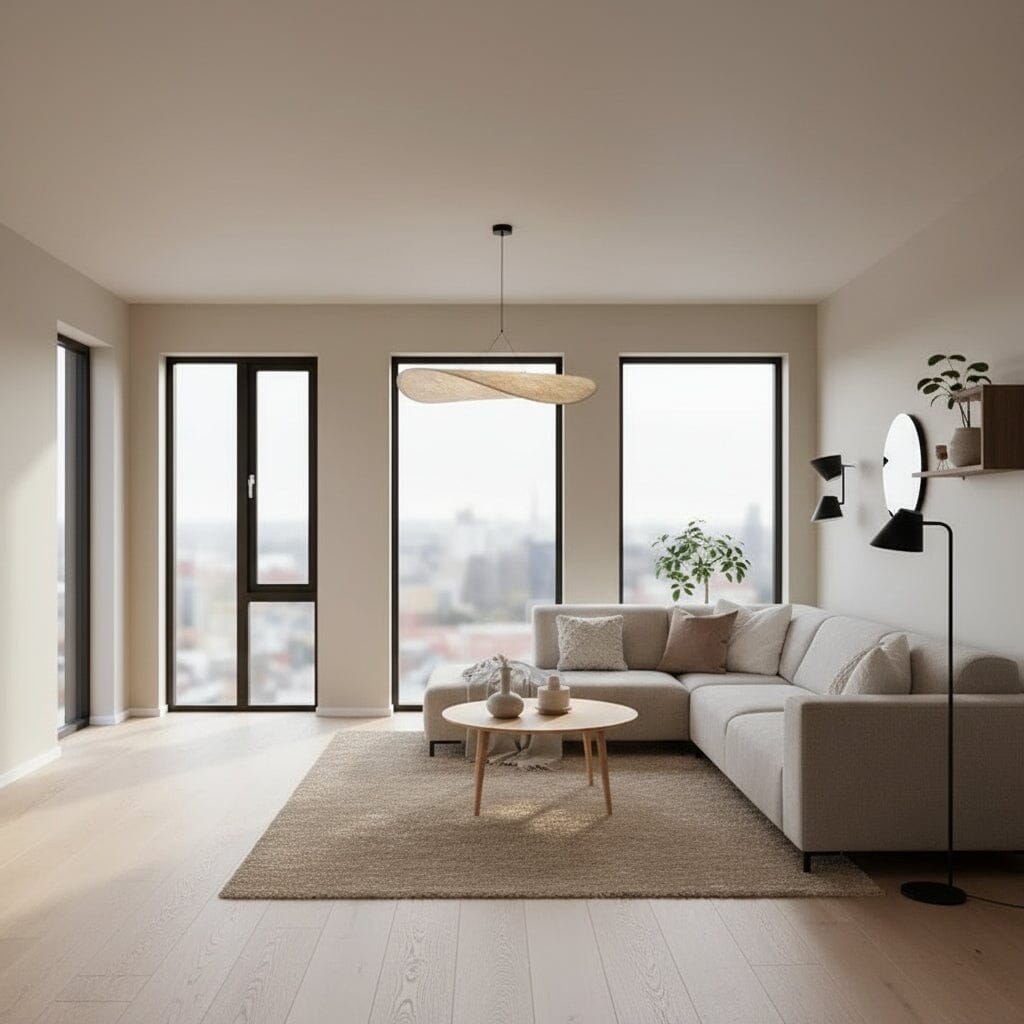 Modern living room with a gray sectional sofa, wooden coffee table, and decorative pillows.