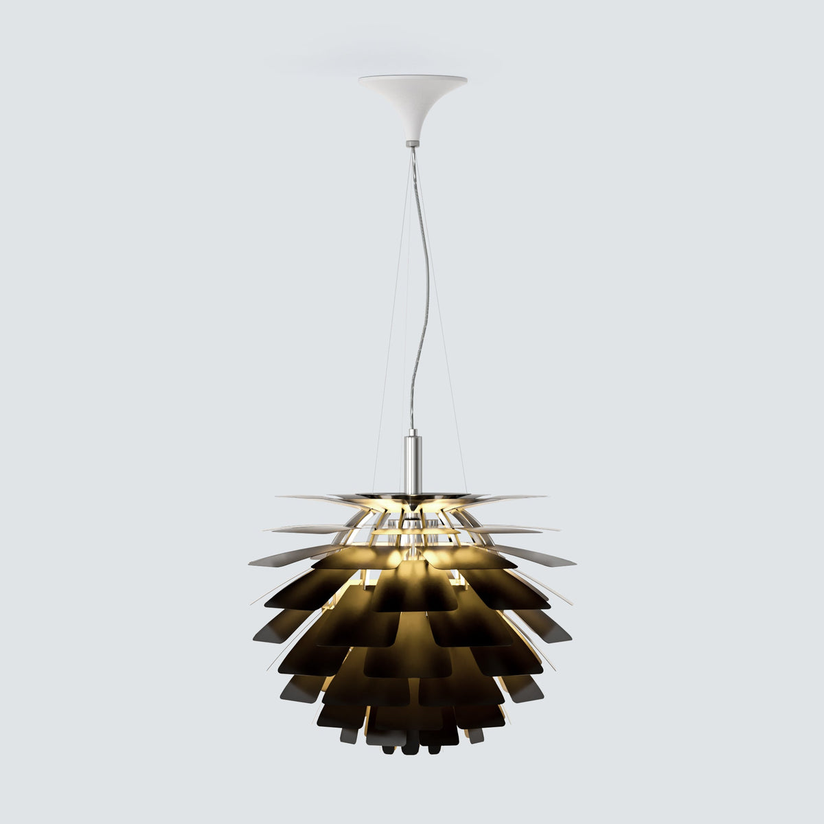 White SYLUNE chandelier illuminating a living room with fireplace and built-in shelves.