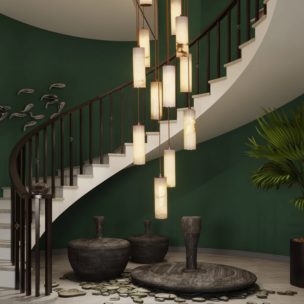 Staircase with modern pendant lights and decorative elements in a home setting