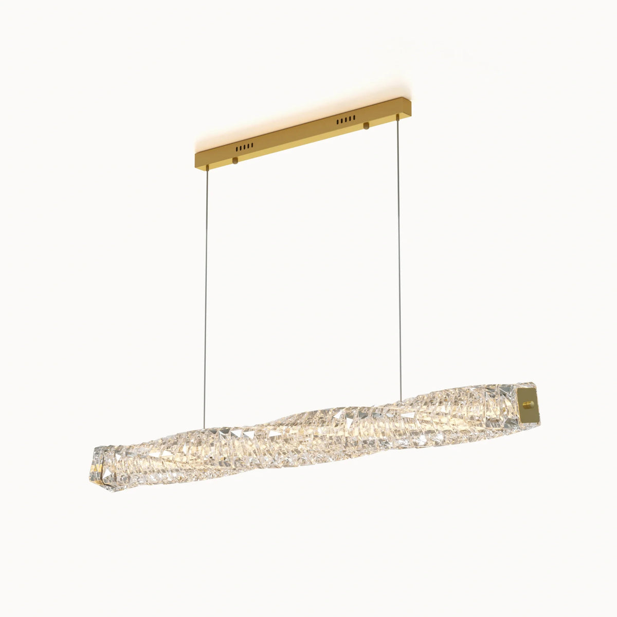 Angled view of SEVRAYA gold chandelier showing its crystal twists and gold endcap