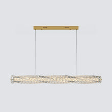 SEVRAYA crystal bar chandelier shown front-on with gold canopy and two suspension cables