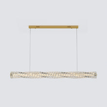 SEVRAYA gold-finish chandelier isolated on pale gray with its full crystal bar visible
