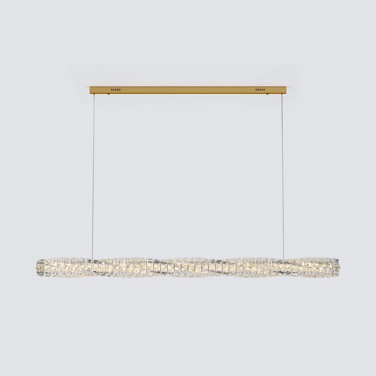 SEVRAYA illuminated crystal ribbon beneath a wide gold ceiling canopy