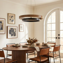 Compact weathered-wood ORLUNEA chandelier isolated with a black inner ring.