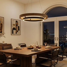 Medium weathered-wood ORLUNEA ring chandelier isolated at a slight upward angle.