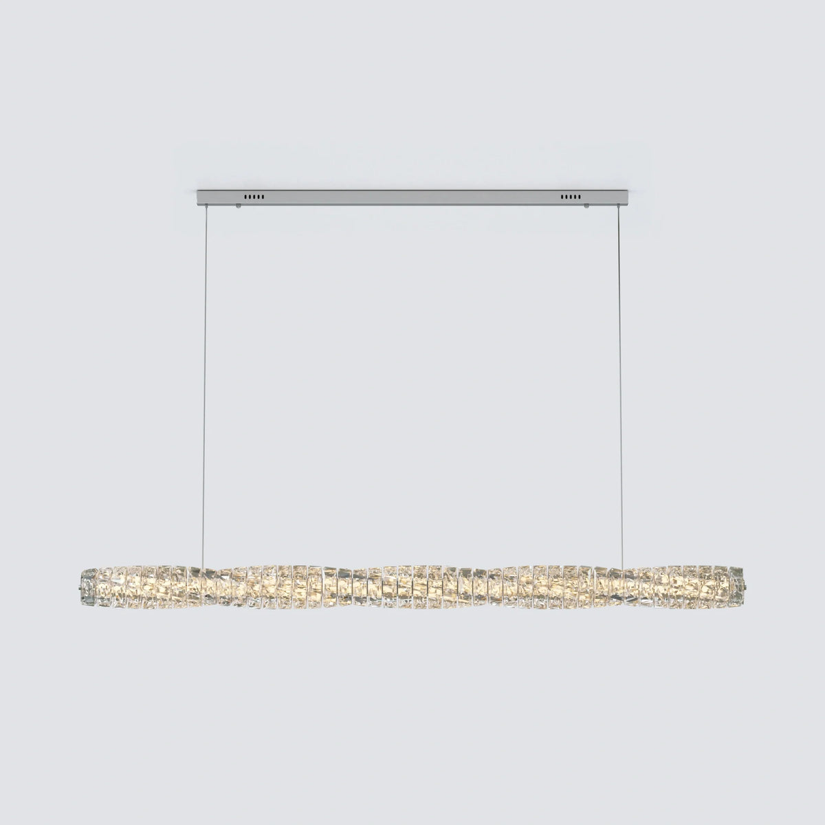 Silver SEVRAYA chandelier isolated with two inset cables and a softly glowing crystal wave