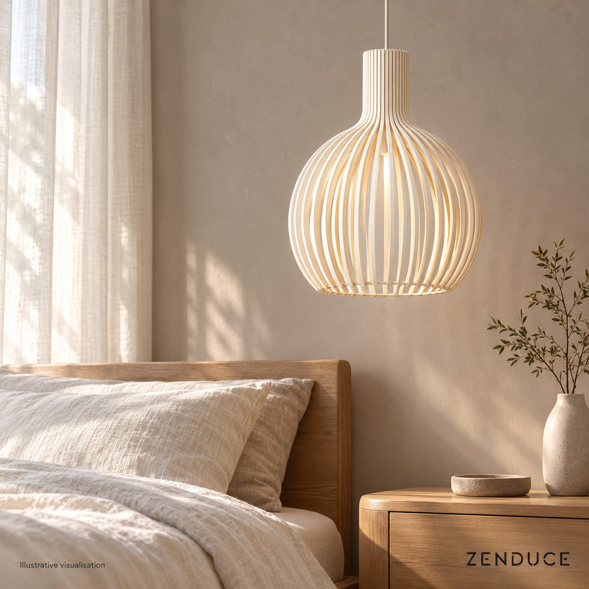 ABODE white pendant beside an oak bed in a warm neutral bedroom, illustrative visualisation