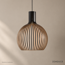 ABODE black wooden slat pendant with natural inner wood edges, illustrative visualisation