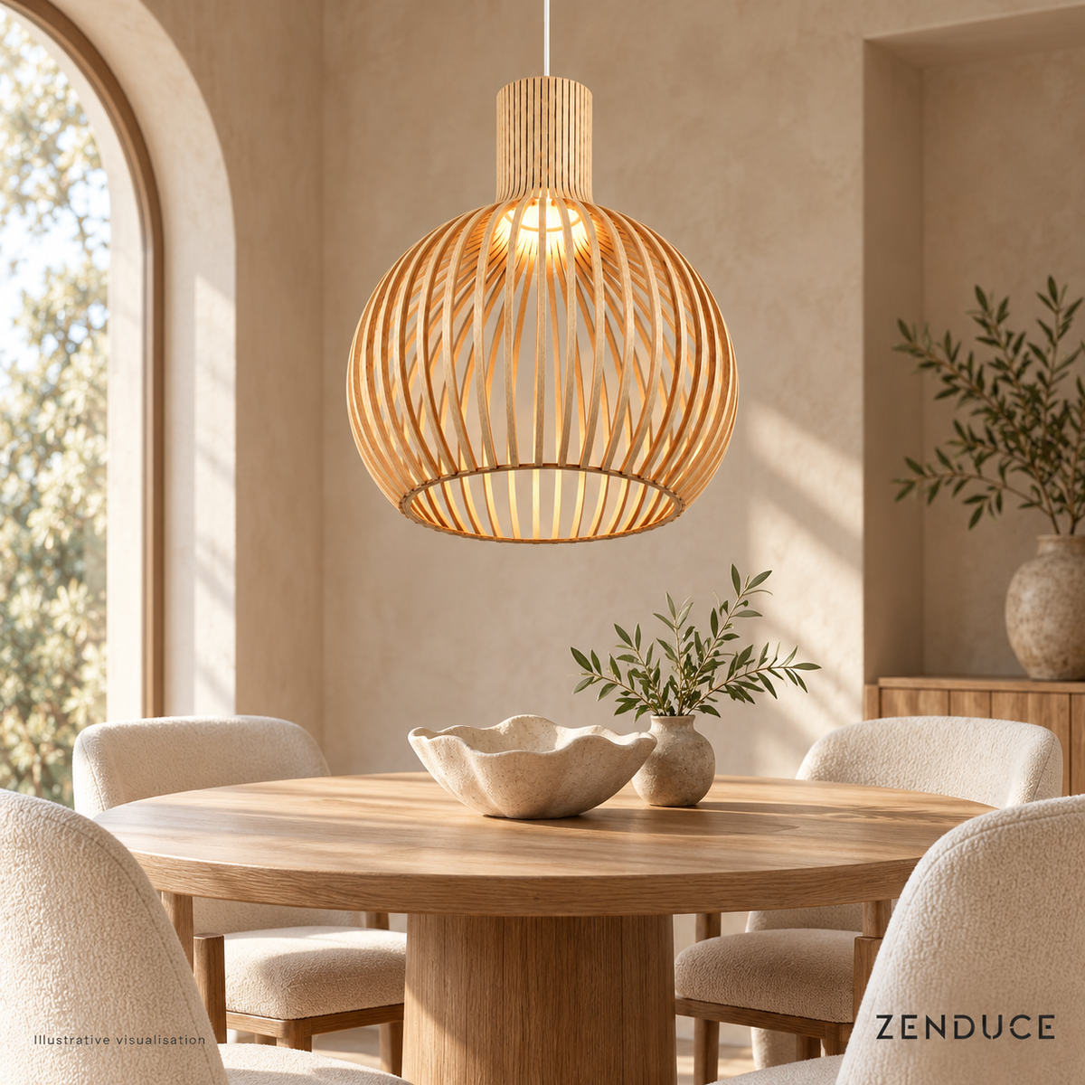 ABODE oak wood pendant above a round dining table, illustrative visualisation