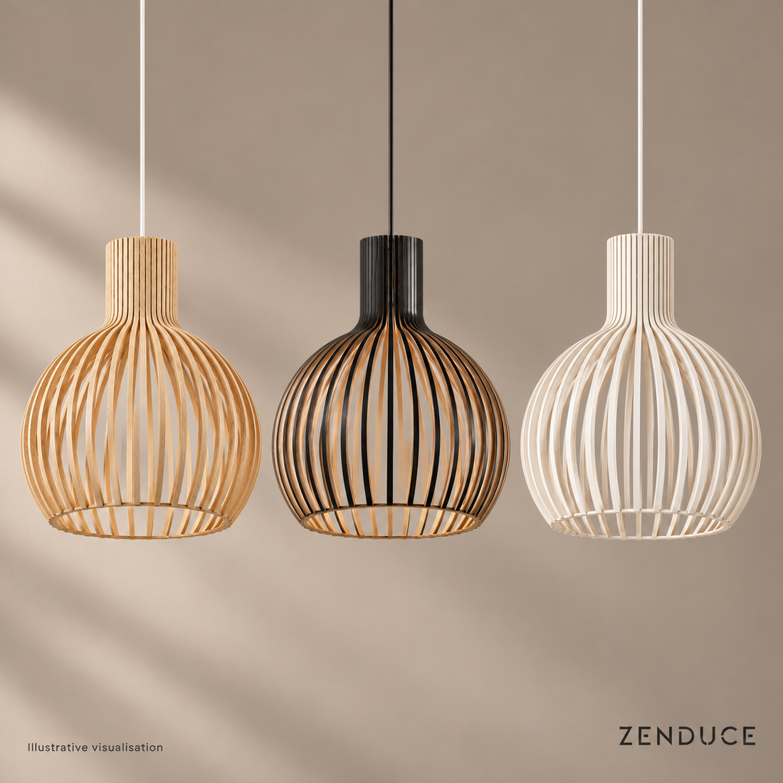 ABODE oak, black and white wooden slat pendants on mushroom taupe, illustrative visualisation