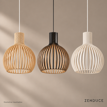 ABODE oak, black and white wooden slat pendants on mushroom taupe, illustrative visualisation
