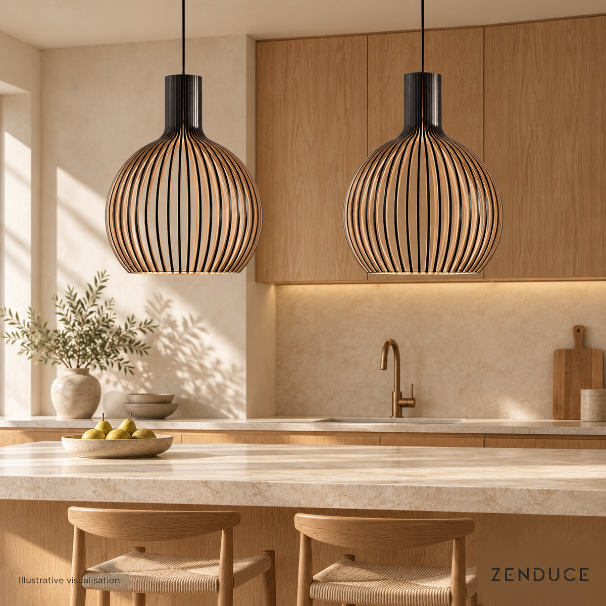 Two ABODE black wood pendants over a stone kitchen island, illustrative visualisation