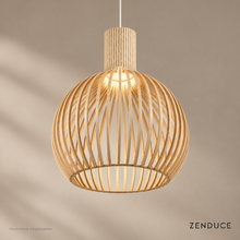 ABODE natural oak pendant showing curved wooden slats and open lower ring, illustrative visualisation