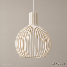 ABODE white wooden slat pendant on mushroom taupe, illustrative visualisation