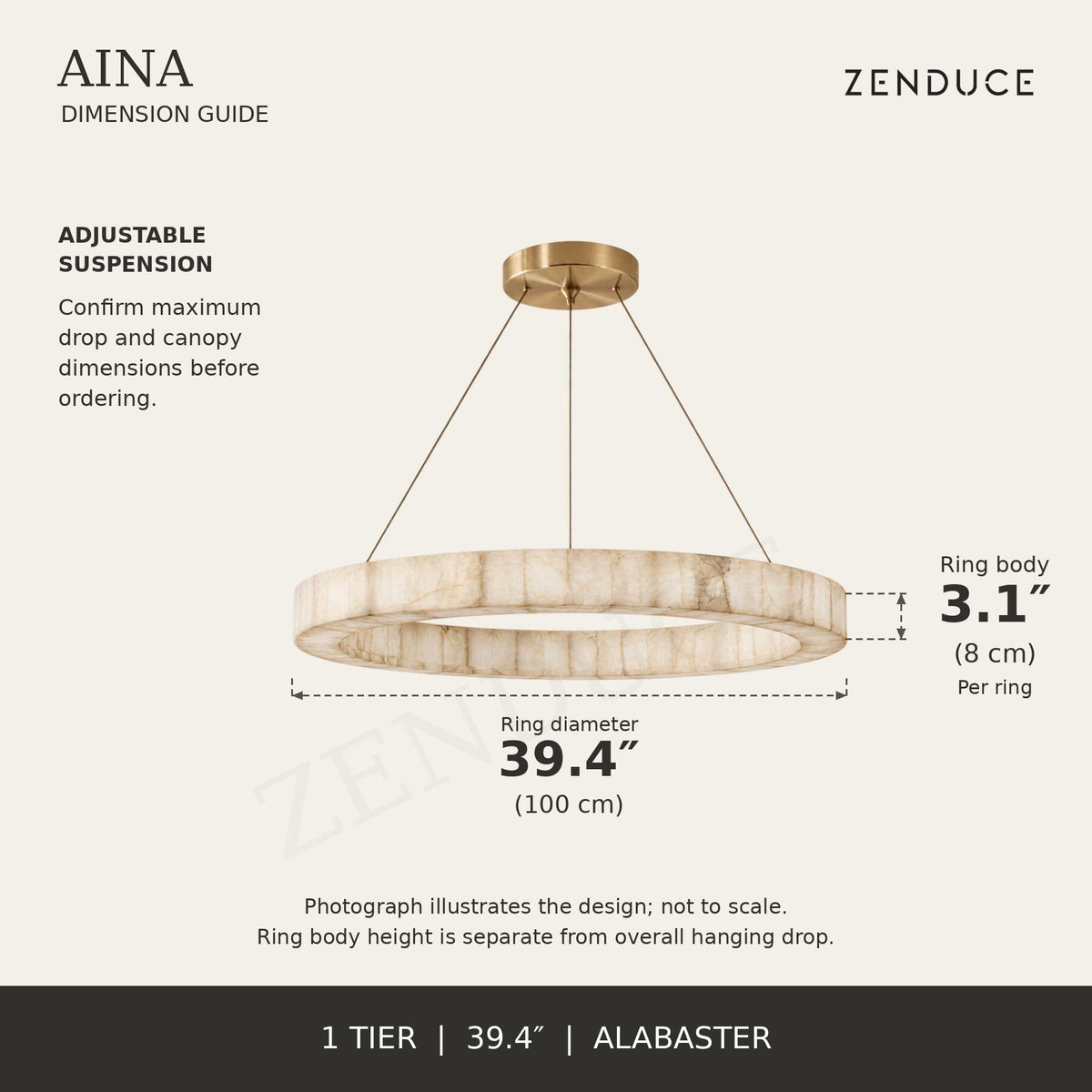 AINA 1-tier alabaster chandelier dimension guide; ring diameter 39.4 inches (100 cm); ring body height 3.1 inches (8 cm)