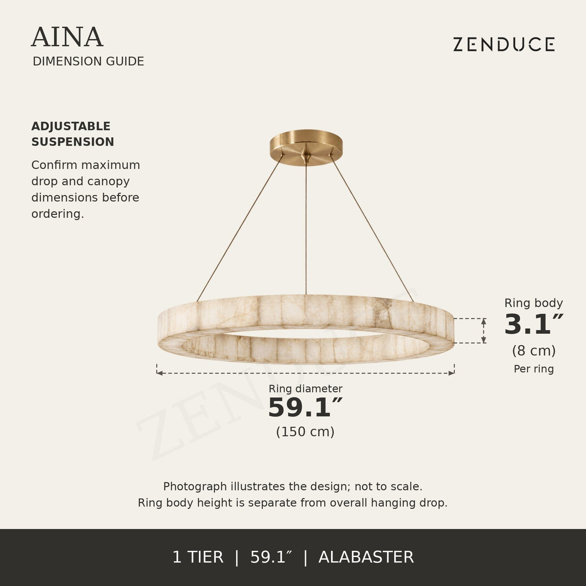 AINA 1-tier alabaster chandelier dimension guide; ring diameter 59.1 inches (150 cm); ring body height 3.1 inches (8 cm)