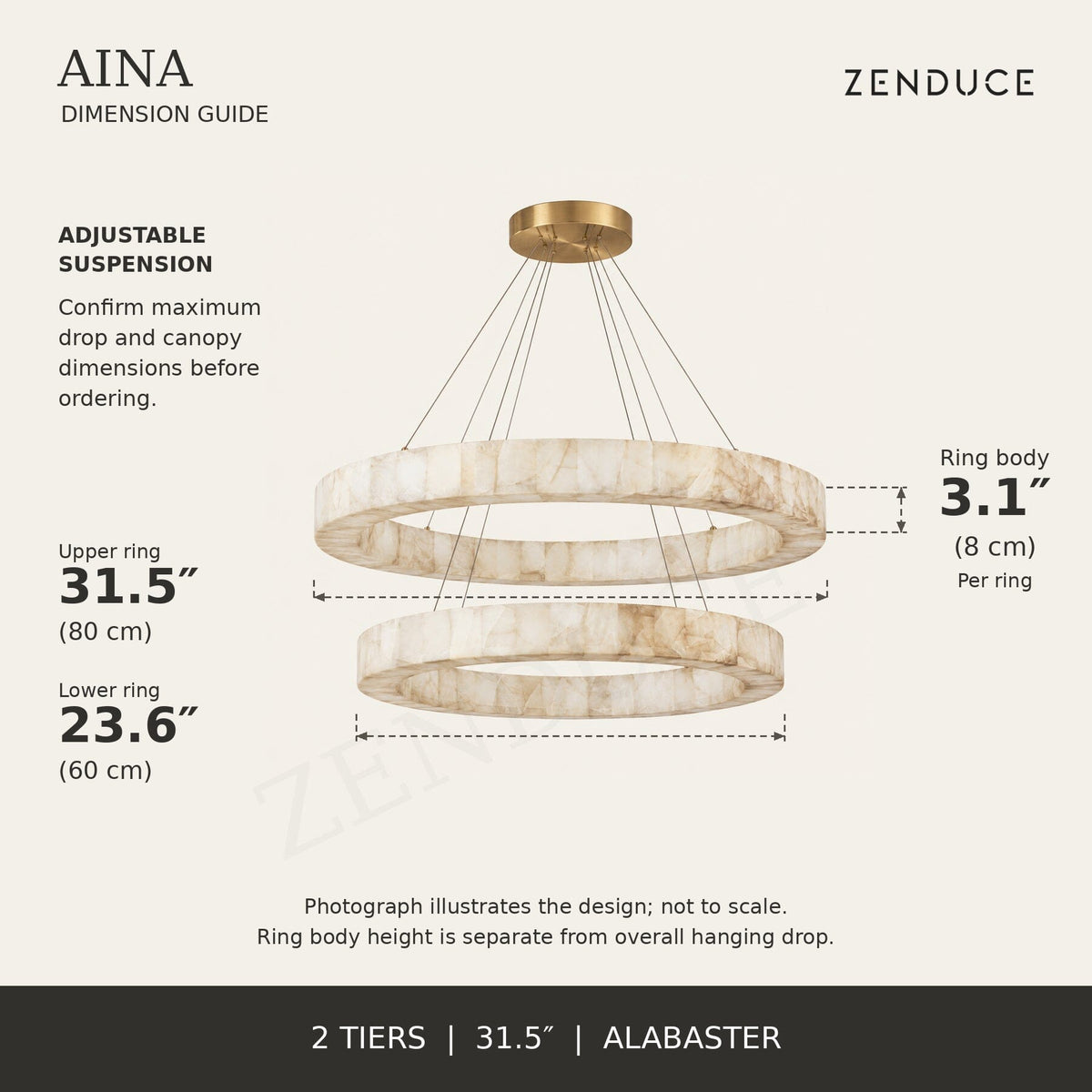 AINA 2-tier alabaster chandelier dimension guide; ring diameters 31.5 inches (80 cm), 23.6 inches (60 cm); ring body height 3.1 inches (8 cm)