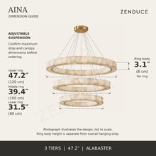AINA 3-tier alabaster chandelier dimension guide; ring diameters 47.2 inches (120 cm), 39.4 inches (100 cm), 31.5 inches (80 cm); ring body height 3.1 inches (8 cm)