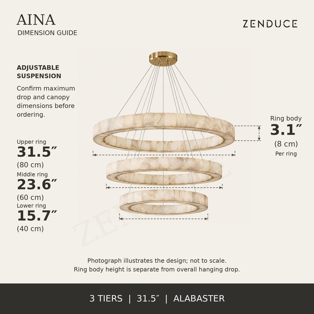 AINA 3-tier alabaster chandelier dimension guide; ring diameters 31.5 inches (80 cm), 23.6 inches (60 cm), 15.7 inches (40 cm); ring body height 3.1 inches (8 cm)