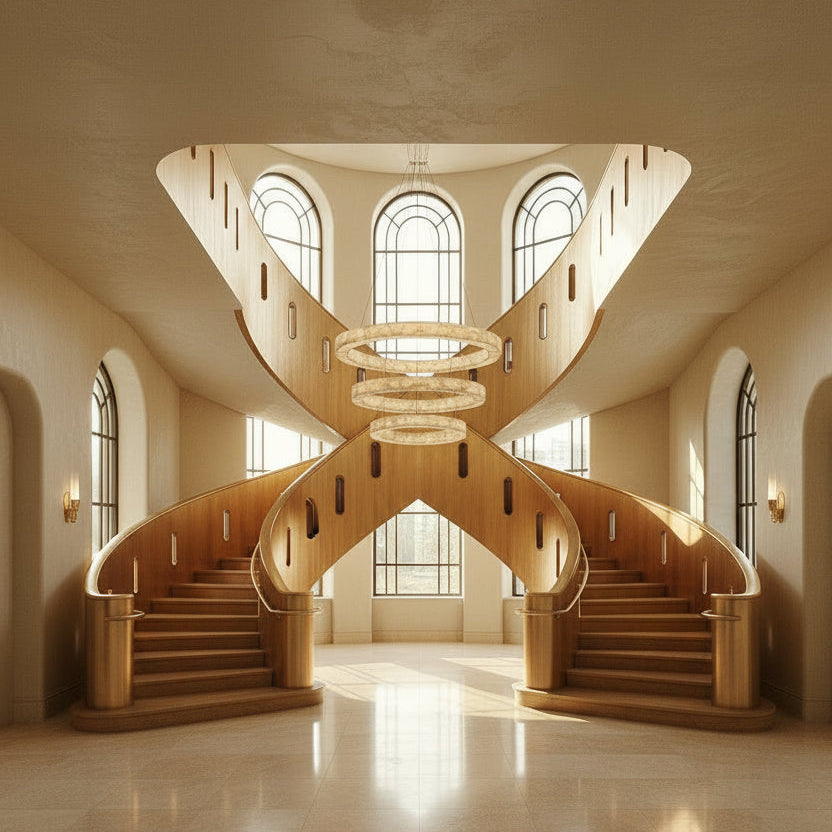 Modern staircase with a large circular chandelier in a well-lit room.