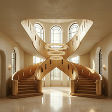Modern staircase with a large circular chandelier in a well-lit room.
