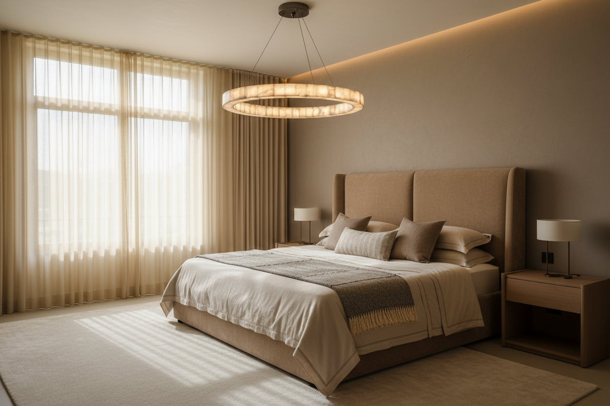 Modern pendant light fixture in a room with a wooden cabinet and decorative items.