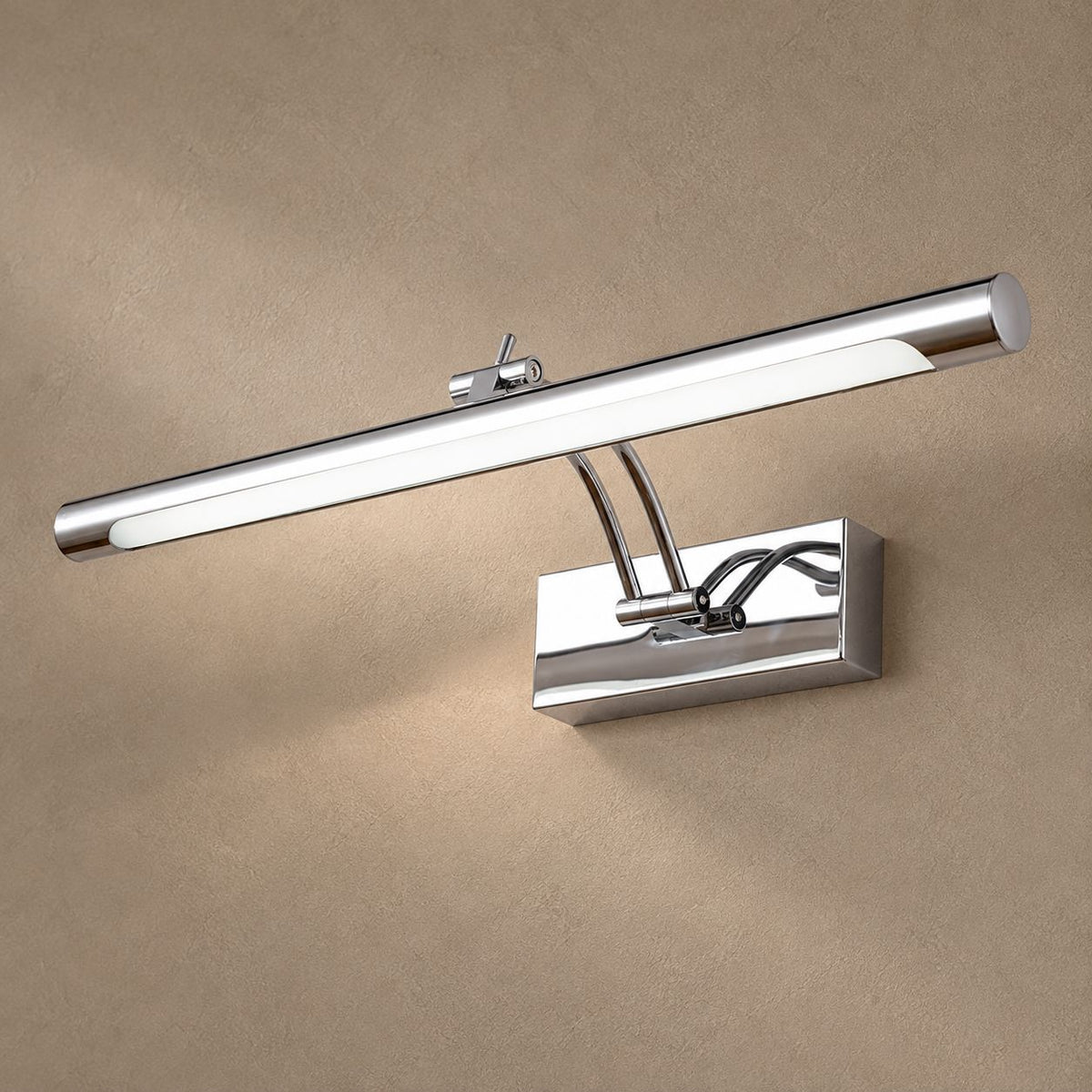 AKIA lighting on a mushroom taupe background with natural shadows