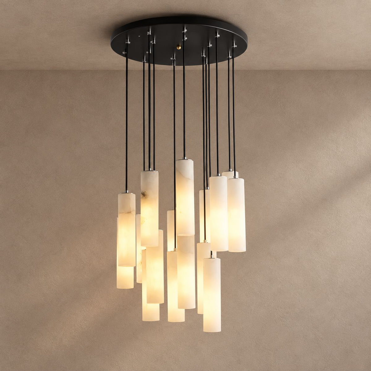 ALABASTER lighting on a mushroom taupe background with natural shadows