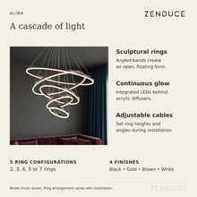 ALINA feature guide showing Brown rings, continuous LED diffusers, adjustable cable suspension, five ring configurations and four finishes.