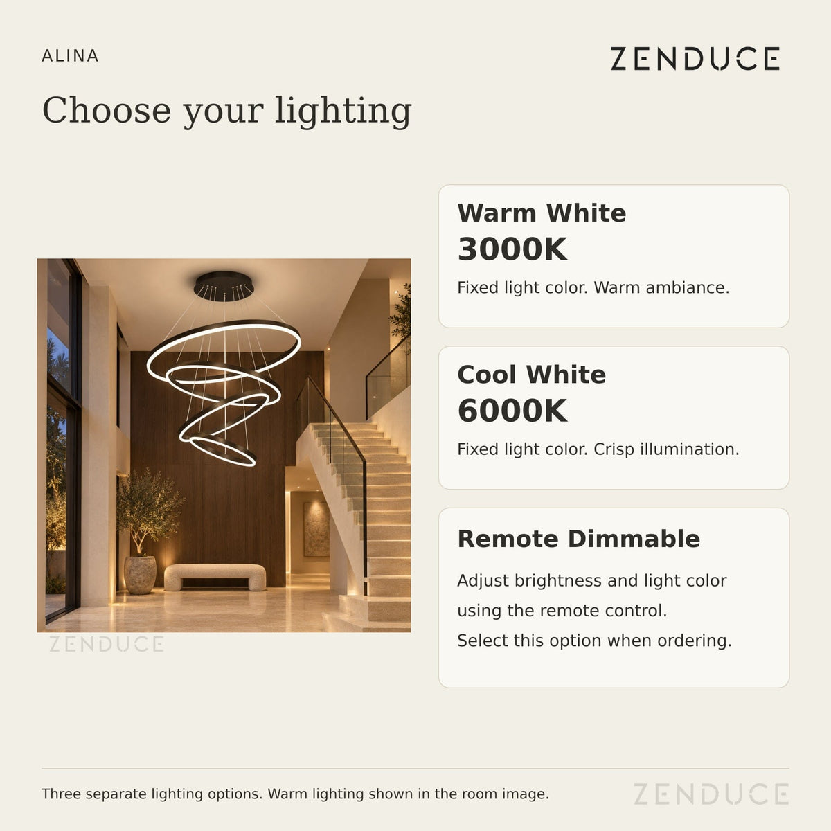 ALINA lighting options: fixed Warm White 3000K, fixed Cool White 6000K, or Remote Dimmable with adjustable brightness and light color.