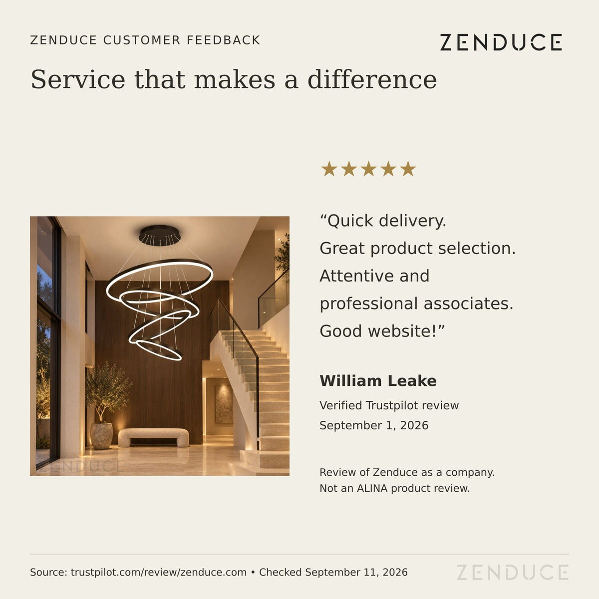 Verified five-star Zenduce company review by William Leake on Trustpilot, September 1, 2026; brand-level feedback, not an ALINA product review.