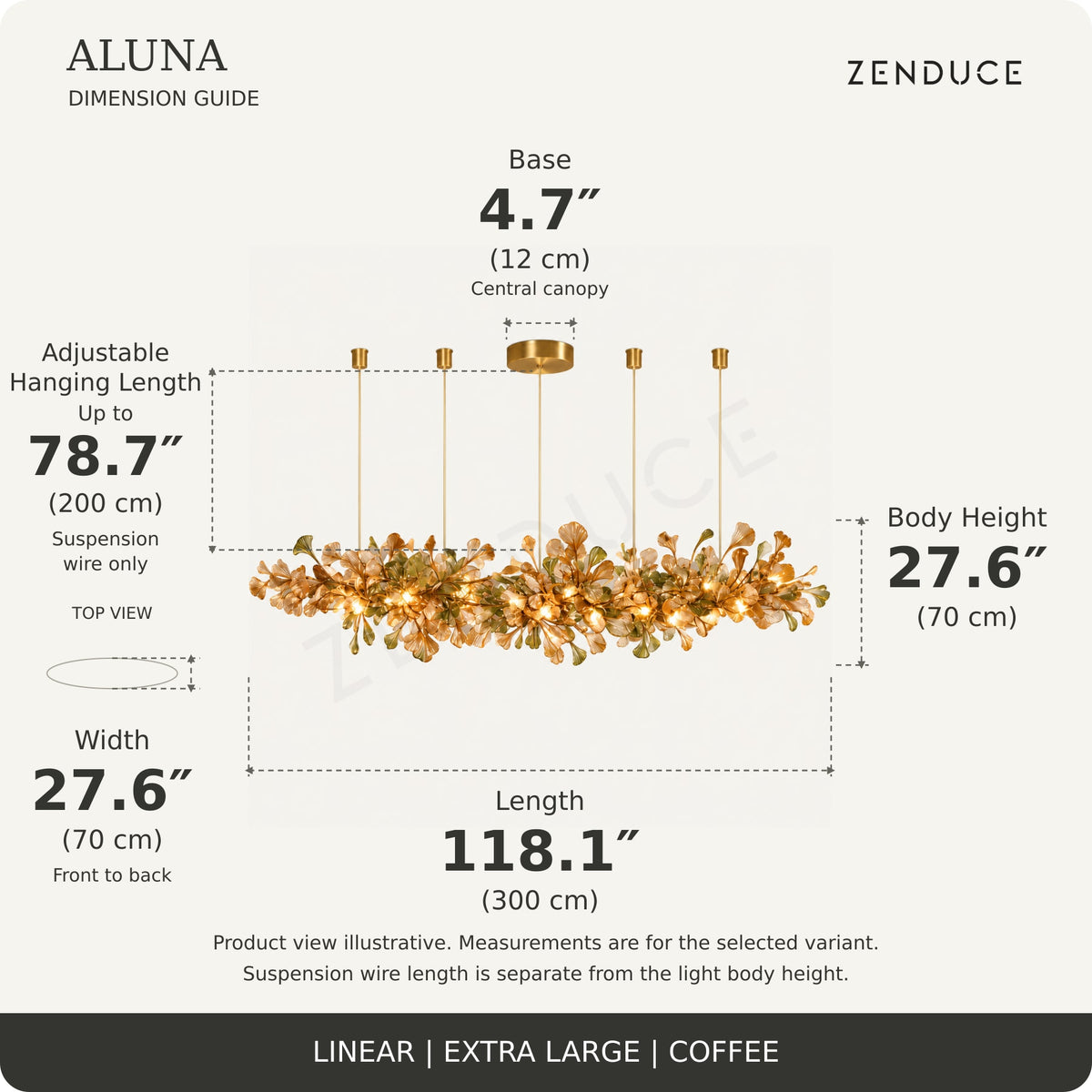 ALUNA Linear Extra Large Coffee dimension guide: length 118.1″, width 27.6″, body height 27.6″, base 4.7 inches and adjustable suspension wire up to 78.7 inches