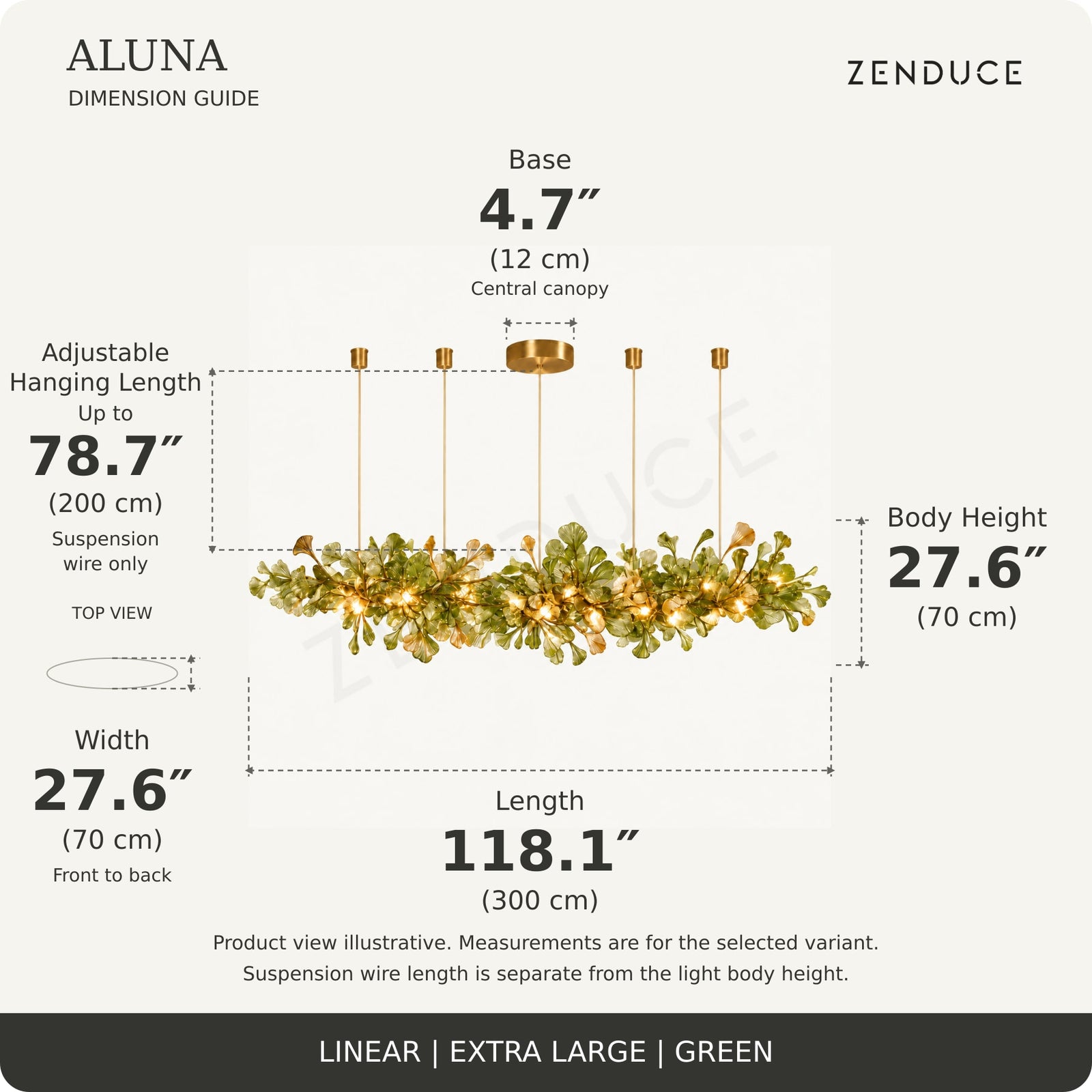 ALUNA Linear Extra Large Green dimension guide: length 118.1″, width 27.6″, body height 27.6″, base 4.7 inches and adjustable suspension wire up to 78.7 inches