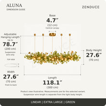 ALUNA Linear Extra Large Green dimension guide: length 118.1″, width 27.6″, body height 27.6″, base 4.7 inches and adjustable suspension wire up to 78.7 inches