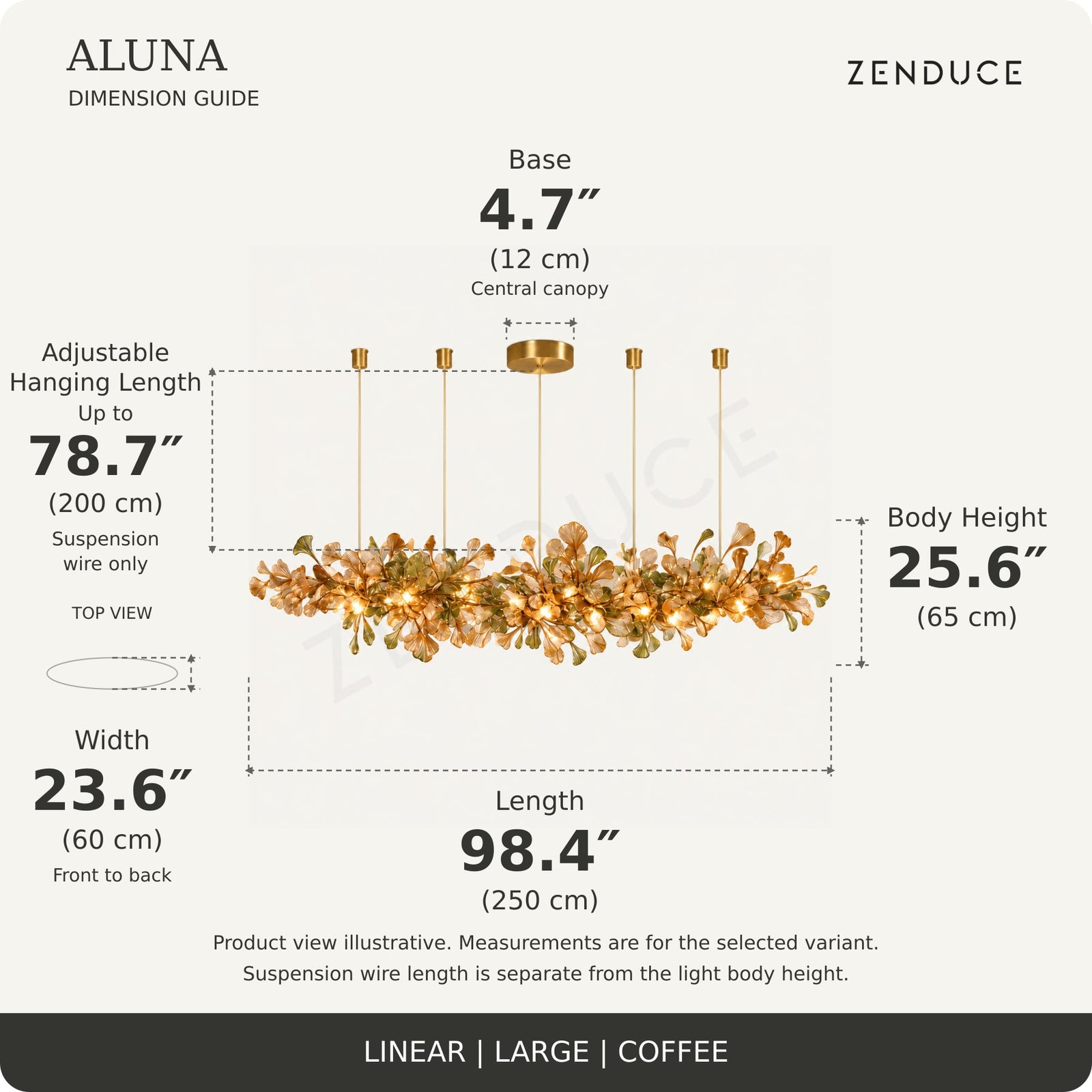 ALUNA Linear Large Coffee dimension guide: length 98.4″, width 23.6″, body height 25.6″, base 4.7 inches and adjustable suspension wire up to 78.7 inches